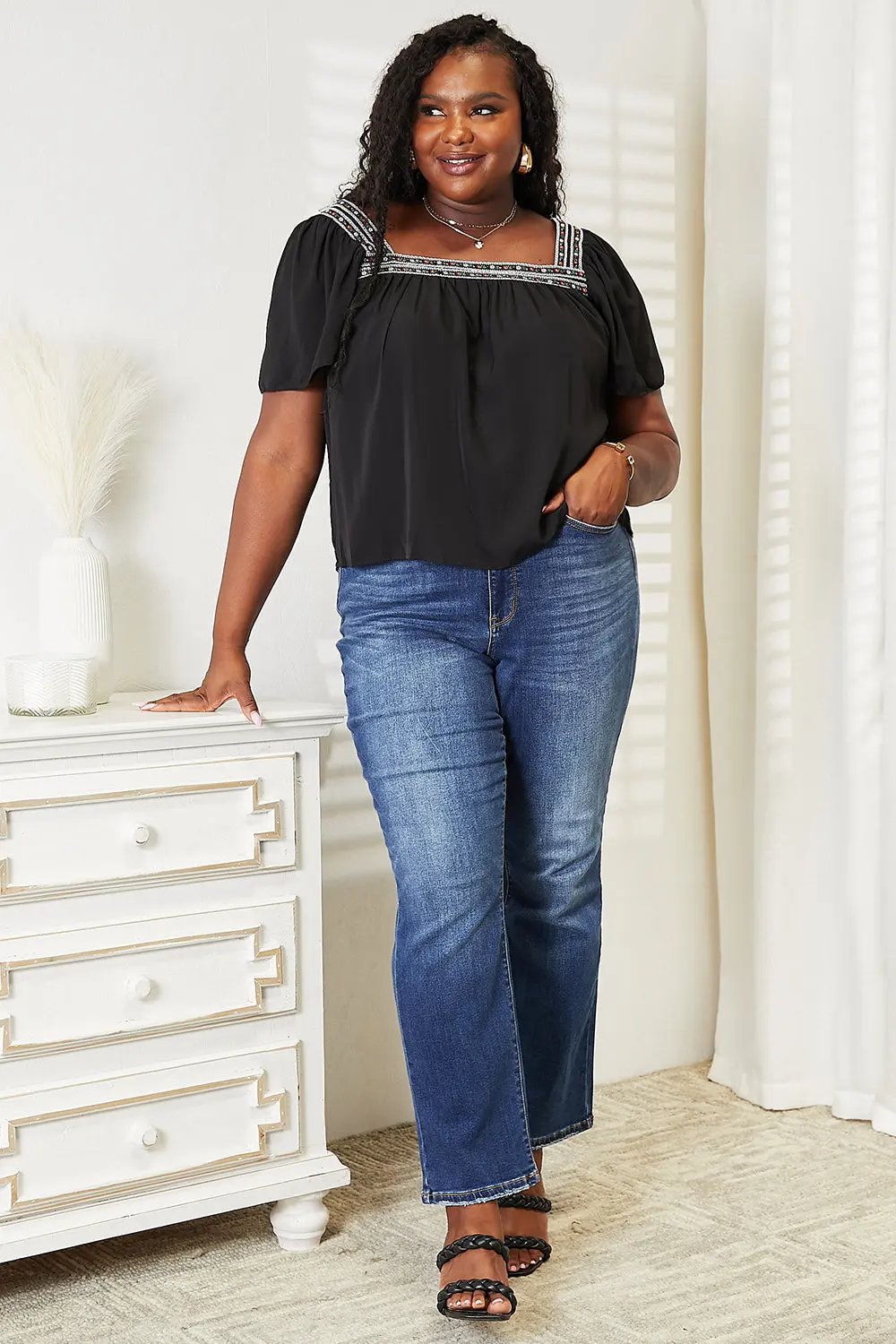 Double Take Contrast Square Neck Puff Sleeve Blouse - Love Salve